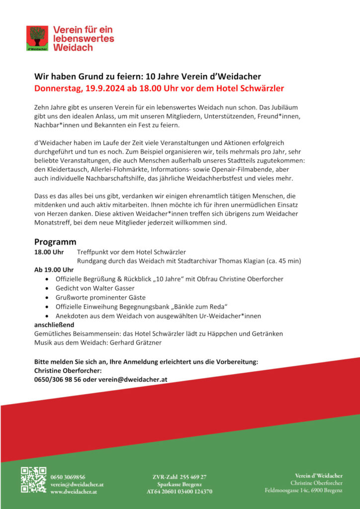 Einladung 10 Jahre Verein d'Weidacher Einladung 10 Jahre Verein d'Weidacher